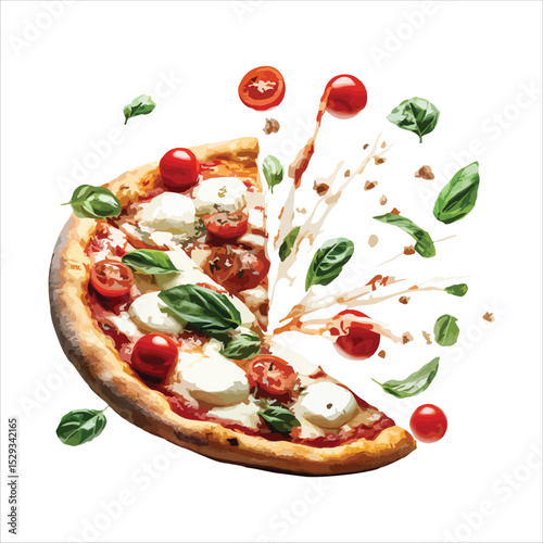 Delicious pizza slice with fresh basil and tomatoes isolated on white background