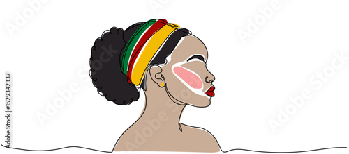 Continuous line drawing of an African American woman on a white background. Woman with cultural headwrap applying face mask while relaxing in water during a serene moment