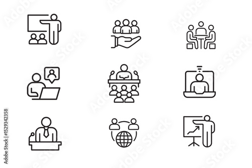  Business Meeting and Online Presentation Icon Set - Vector Line Art