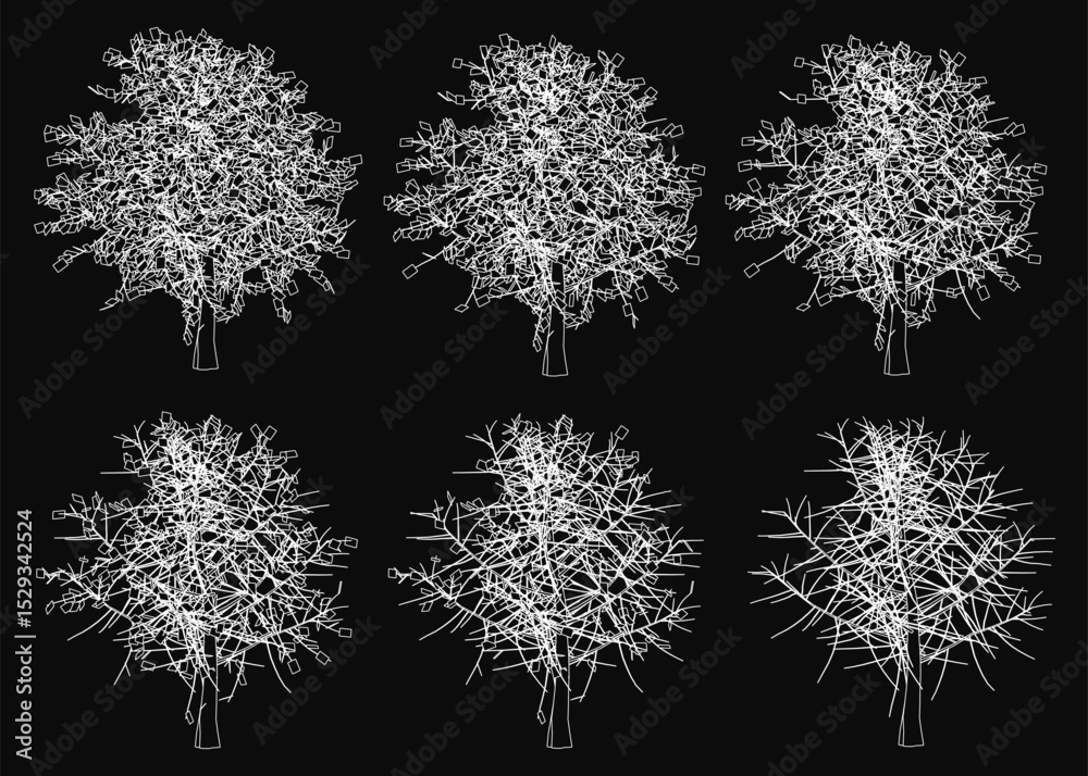 The image is a series of six different trees, all of which are white. The trees are all different sizes and are arranged in a row. The trees are all very similar in appearance