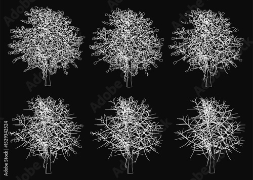 The image is a series of six different trees, all of which are white. The trees are all different sizes and are arranged in a row. The trees are all very similar in appearance