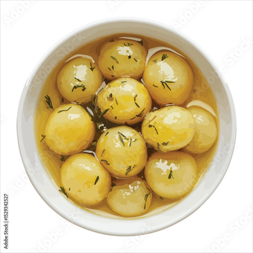 Overhead view of roasted baby potatoes in white bowl isolated on white background