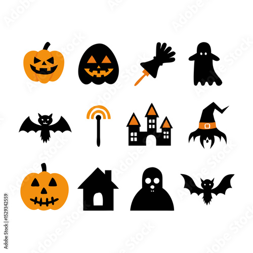A collection of Halloween SVG icons designed in a clean and minimal vector style, featuring cute ghosts, carved pumpkins, bats, witch hats, and spooky treats.