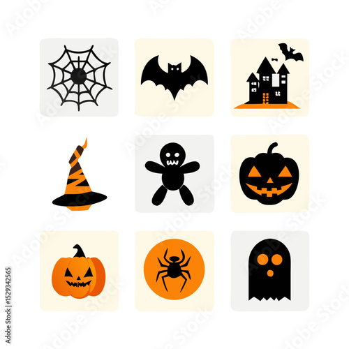 A collection of Halloween SVG icons designed in a clean and minimal vector style, featuring cute ghosts, carved pumpkins, bats, witch hats, and spooky treats.