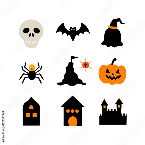 A collection of Halloween SVG icons designed in a clean and minimal vector style, featuring cute ghosts, carved pumpkins, bats, witch hats, and spooky treats.
