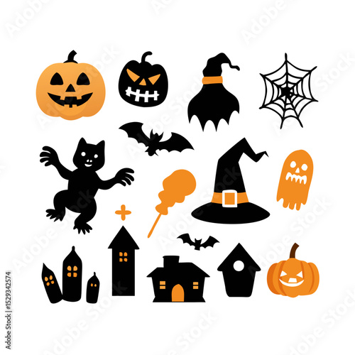 A collection of Halloween SVG icons designed in a clean and minimal vector style, featuring cute ghosts, carved pumpkins, bats, witch hats, and spooky treats.