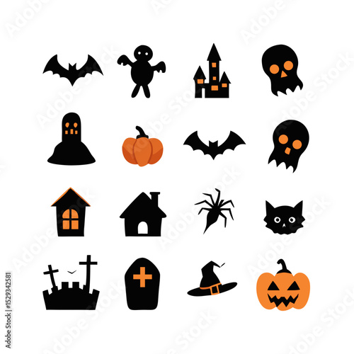 A collection of Halloween SVG icons designed in a clean and minimal vector style, featuring cute ghosts, carved pumpkins, bats, witch hats, and spooky treats.