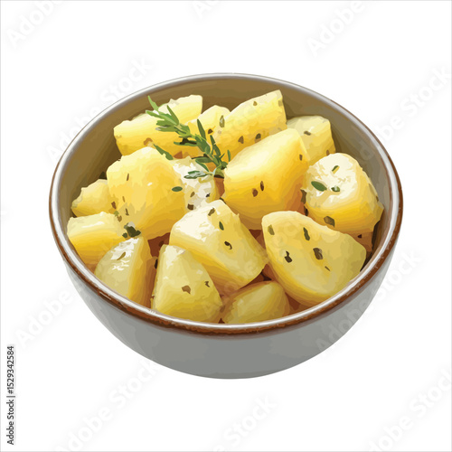 Delicious roasted potato wedges with herbs in a bowl isolated on white background