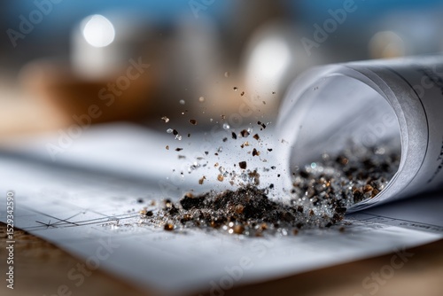 Wallpaper Mural A conceptual representation featuring soil and small pebbles spilling from an unraveling blueprint portrays creativity, planning, and the earth's foundation beneath our constructs. Torontodigital.ca