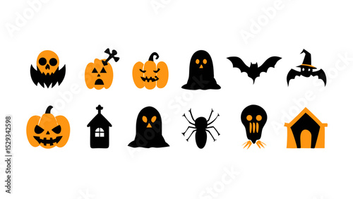 A collection of Halloween SVG icons designed in a clean and minimal vector style, featuring cute ghosts, carved pumpkins, bats, witch hats, and spooky treats.