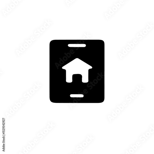 A black smartphone displaying a white home icon centered on the screen against a white background image