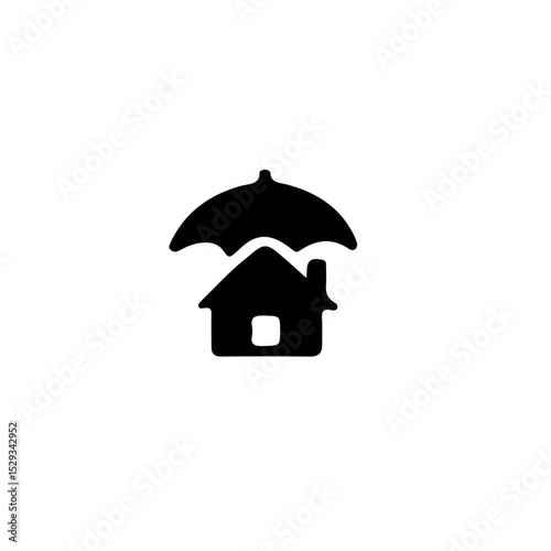 A simple black and white icon depicting a house being protected by an umbrella above it for safety