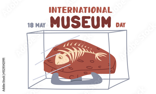 International Museum Day on May 18. fossil of prehistoric fish on a stand under glass. Flat color illustration for use in posters, articles, and social media related to science and history. Horizontal