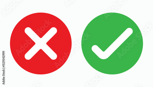 Right sign and cross sign, checkmark, crossmark, green tick mark, and red cross mark, Yes and No buttons, correct and wrong icons.