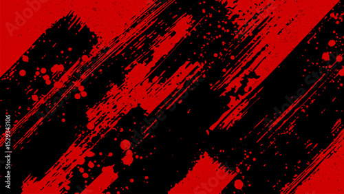 Red background with diagonal black brush strokes and scattered red drops.
