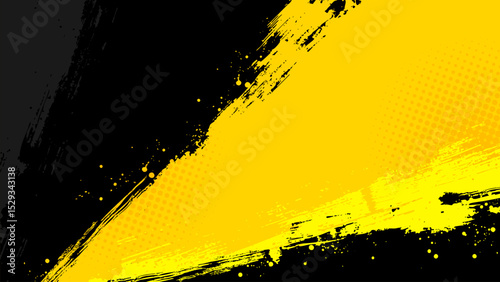 Yellow background with overlapping diagonal black brush strokes and halftone dots.