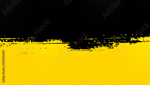 Yellow background with half area black brush strokes with halftone dots.
