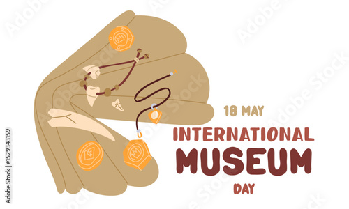International Museum Day on May 18. Leather tusk, coins, pendant, necklace. Flat color illustration for use in posters, articles, and social media related to science and history. Horizontal banner