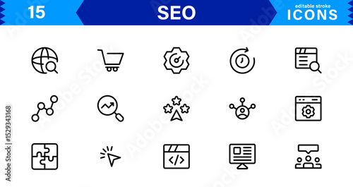 SEO Icon Set Featuring Search Engine Optimization, Keywords, Analytics, Ranking, and Traffic Concepts in a Clean, Professional Vector Style
