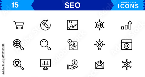 SEO Icon Set Featuring Search Engine Optimization, Keywords, Analytics, Ranking, and Traffic Concepts in a Clean, Professional Vector Style
