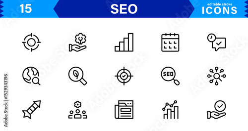 SEO Icon Set Featuring Search Engine Optimization, Keywords, Analytics, Ranking, and Traffic Concepts in a Clean, Professional Vector Style