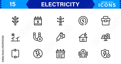 Electricity Icon Collection with Power, Energy, Electrical Equipment, Circuit, and Renewable Energy Symbols in a Simple, Marketable Design