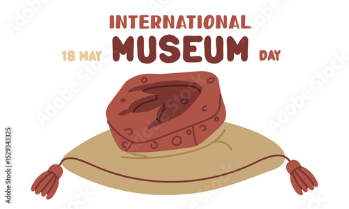 International Museum Day on May 18. fossil footprint of an allosaurus on pillow. Flat color illustration for use in posters, articles, social media related to science and history. Horizontal banner