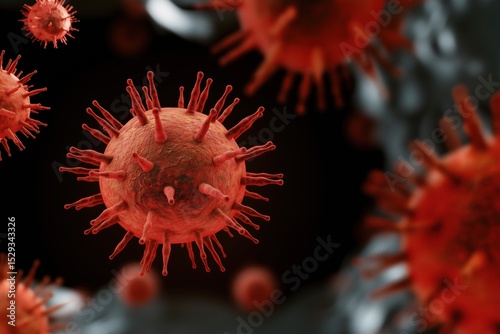 A hyper-realistic 3D medical illustration of the Epstein-Barr virus, showing spherical red viral particles with spiky protein projections on a dark blurred background.  photo