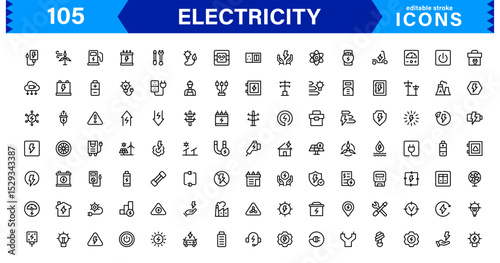 Electricity Icon Collection with Power, Energy, Electrical Equipment, Circuit, and Renewable Energy Symbols in a Simple, Marketable Design