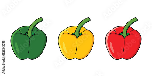 Three vibrant bell peppers green, yellow, and red, glowing with freshness and smooth textures