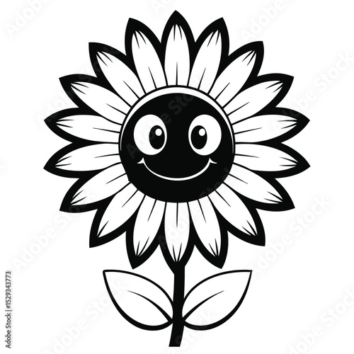 Smiling cartoon sunflower with big eyes and stem appears playful and inviting
