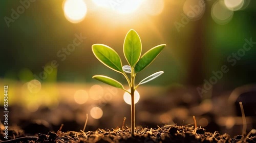 New plant growing in sunlight on fertile ground, symbolizing environmental protection and sustainability.