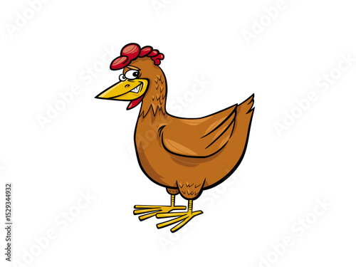Cartoon Brown Hen Standing Proudly on White Background