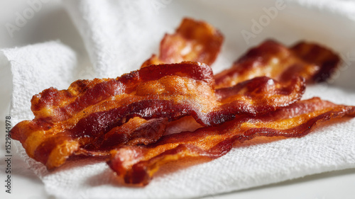 Pre-cooked bacon strips laid on paper towel