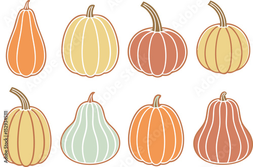 Collection of stylized pumpkins in various shapes and autumnal colors