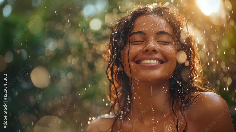 Fototapeta premium A radiant woman smiles joyfully as she enjoys the refreshing rain, embodying happiness and freedom, radiating warmth and positivity amidst the vibrant background of nature.
