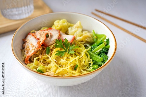 Various of Egg Noodle with Wonton and bbq Pork Soup	