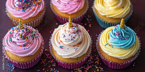 Colorful unicorn cupcakes topped with buttercream frosting and sprinkles.