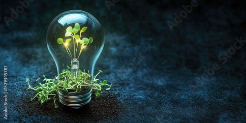 3d light bulb with green glowing sprouts inside on a dark background- copyspace