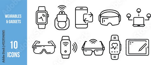 Line icons of smart wearable gadgets and IoT devices, including smartwatch, fitness tracker, smart glasses, AR headset, and connected tablet. 