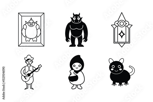 Set of Fantasy and Cartoon Characters in Black and White Vector Style