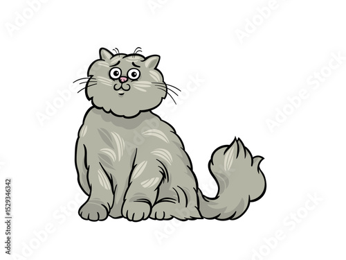 Cartoon Gray Long Hair Cat Posing With Curious Face