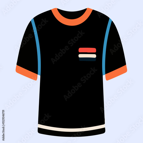 Black t shirt vector with red white stripe chest, suitable for minimalist modern style outfits.