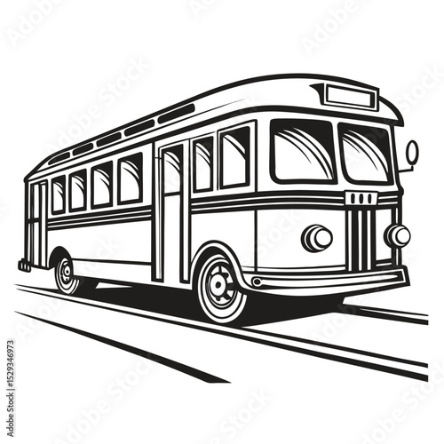 The vintage streetcar is depicted in classic black and white art style