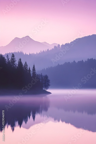 Lake landscape with mountain and forest reflection