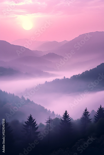 Mountain landscape with fog and sunlight
