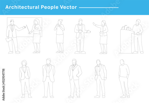 CAD Drawings. Businessman line art. Vector illustration of business men and women standing walking talking working in front back and side view. Symbol for architecture and landscape