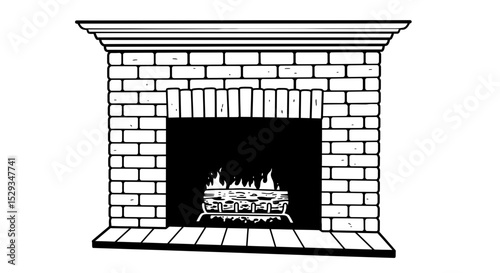 Illustration of a brick fireplace with burning wood silhouette