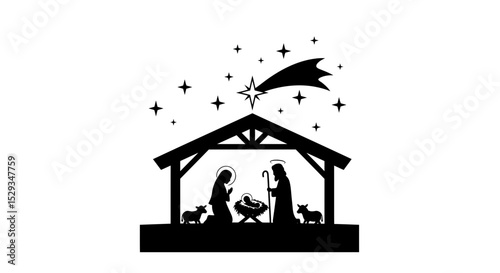Nativity scene silhouette with stars and comet above