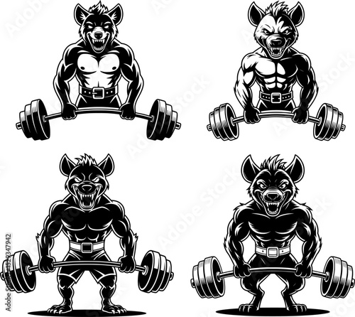 Bold silhouette of a fierce hyena mascot gripping a barbell with a lifting belt, perfect for gym branding, fitness logos, and sports-themed designs